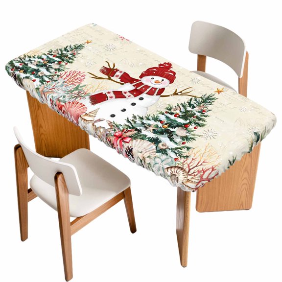 Beige Christmas Table Cloths for 3 Foot Rectangle Tables, Snowman Xmas Tree Coastal Snowflake Starfish Patio Waterproof Elastic Fitted Tablecloths, Washable Rectangular Table Cover for Camping