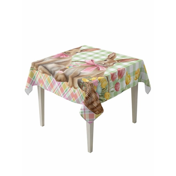 Easter Bunny Eggs Suqare Tablecloth - 54 x 54 Inch, Spring Tulips Country Rabbits Green Checkered Waterproof & StainResistant Tablecloth, Washable Oil-proof Table Cover for Dining/Party/Wedding