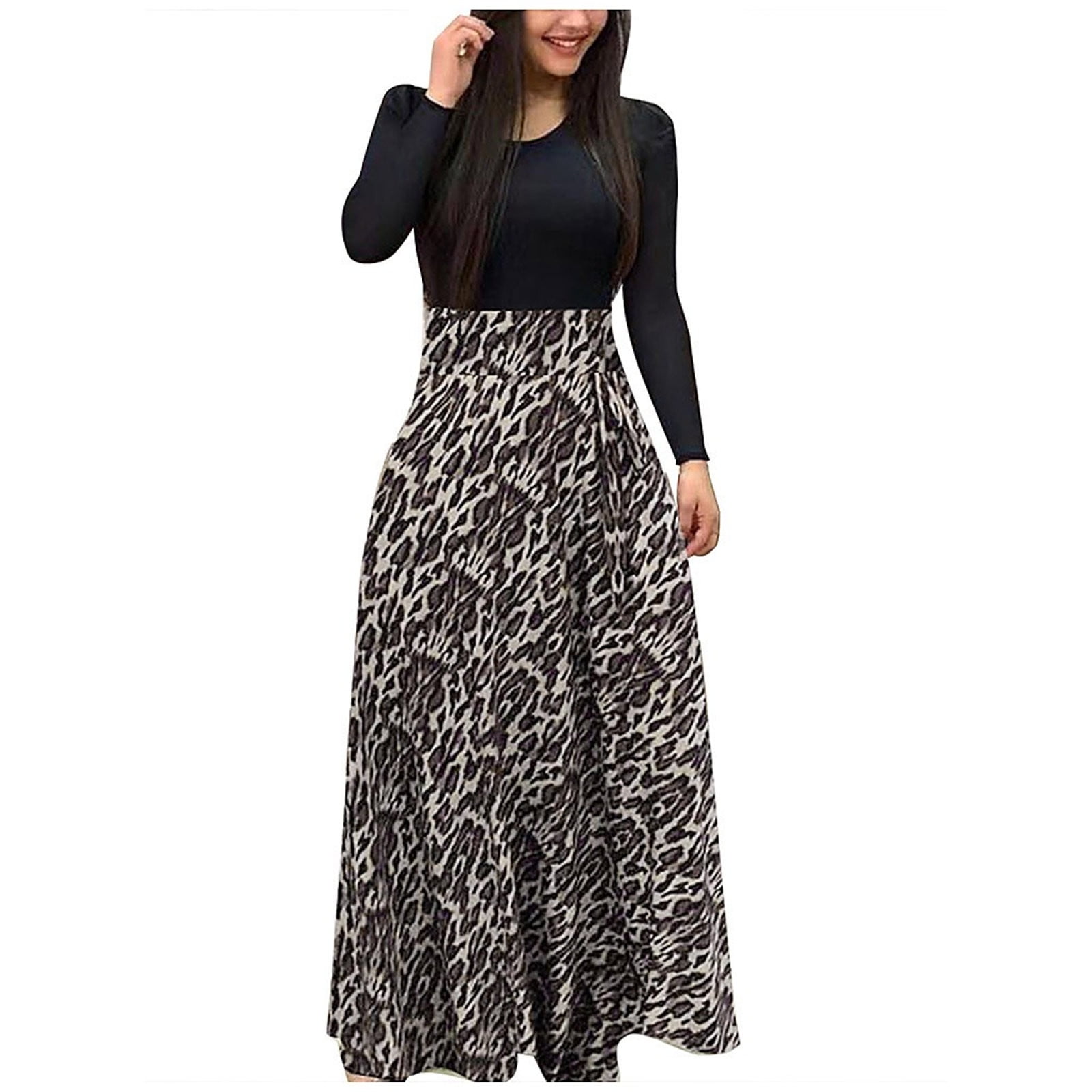 ociviesr Fashion Women Long Sleeve Floral Print Long Maxi Dress Ladies Casual Dress Cute Maxi Dresses for Women Womens Summer Dress, Women's, Size: 2XL, Black
