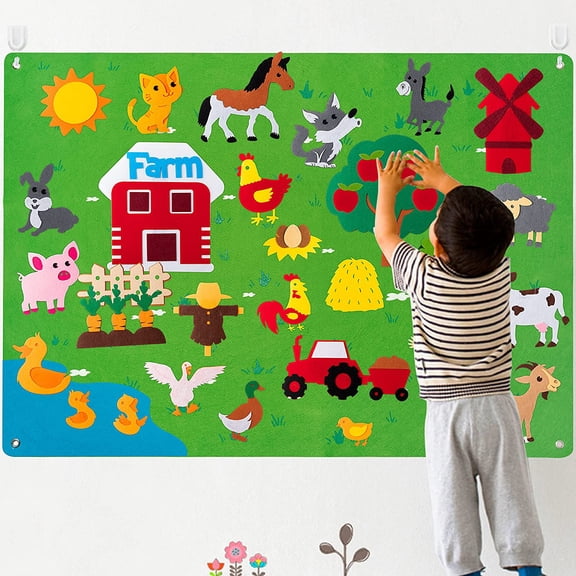 Farm Animals Felt Story Board Set 3.5Ft 38Pcs Preschool Farmhouse Themed Storytelling Flannel Barnyard Domestic Livestock Early Learning Interactive Play Kit Wall Hanging Gift for Toddlers Kids
