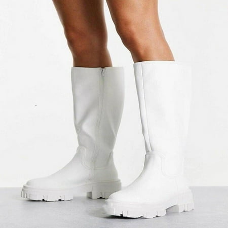 

ERTUTUYI Boots Size Shoes Plus Flat Buckle Retro Color Breathable Boots Thigh Winter Barrel Women s Zipper High Belt Women s Boots White 37