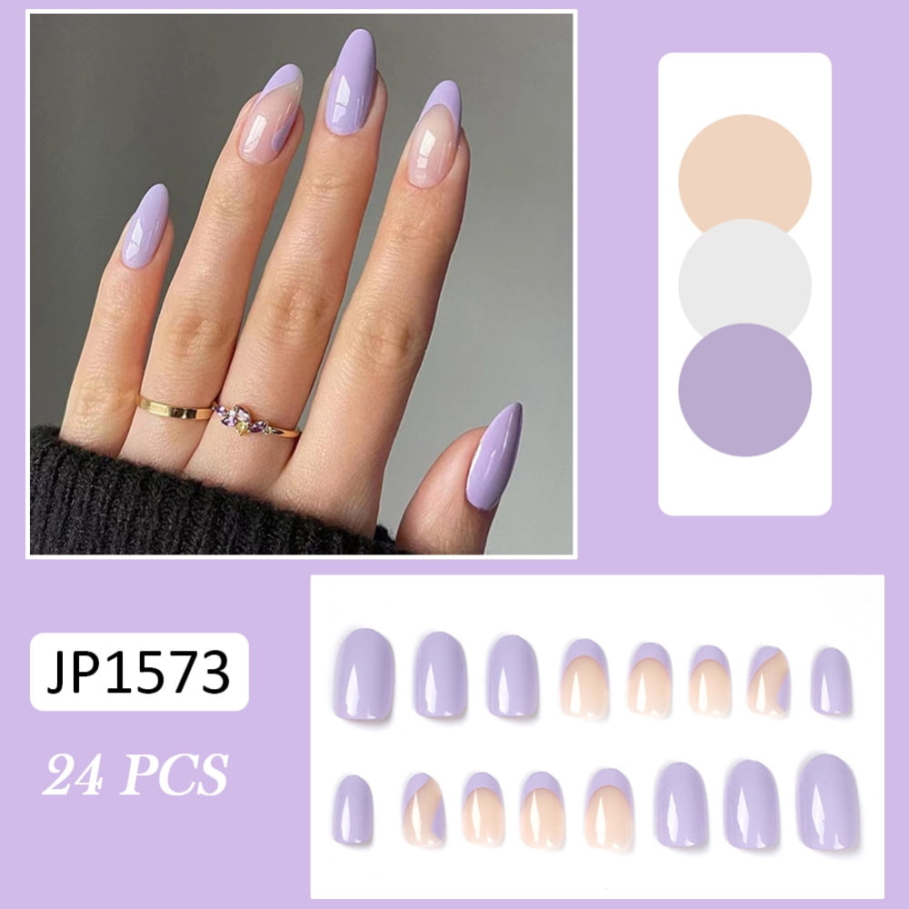 Jp1573 Simple Purple French Nail Art 24Pcs Pure Purple False Nails Long  Oval Round Tip Women Girls Artificial Nails - Walmart.com