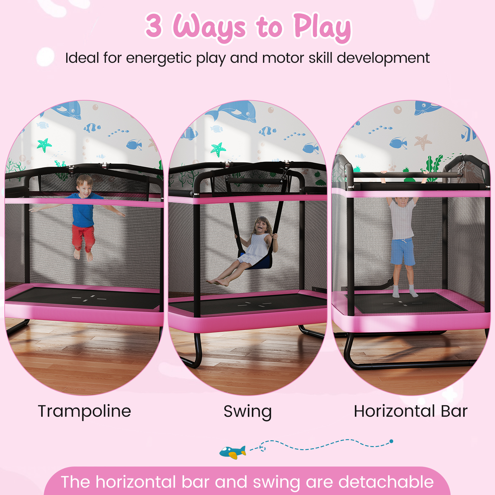 Topbuy 6 x 4 FT Rectangle Kids Trampoline Indoor Outdoor Recreational Trampoline with Swing Pink