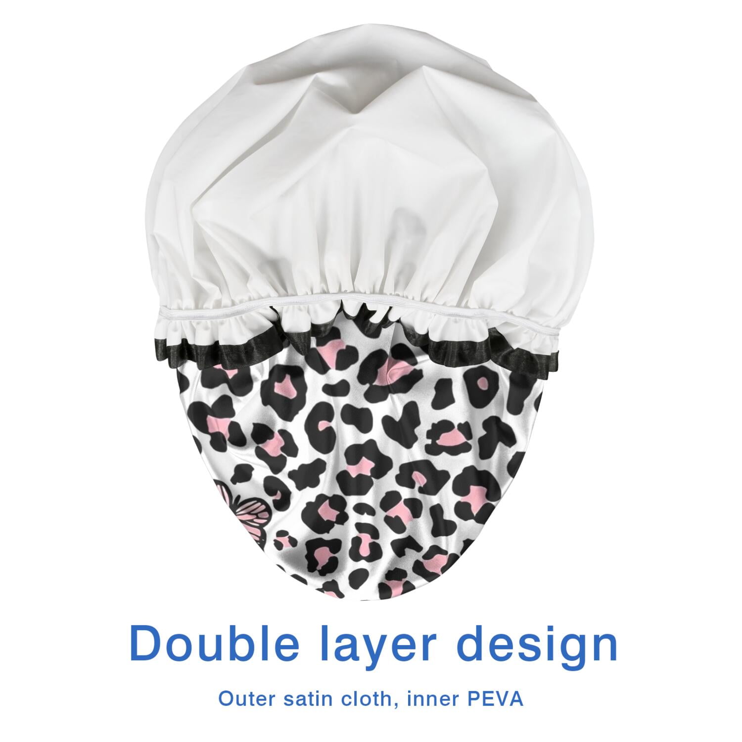 Shower Caps,Pink Leopard Butterfly Pattern Waterproof Shower Cap for Women 4 Pieces,Double Reusable Hair Cover for Shower PEVA Elastic Stretch Hem