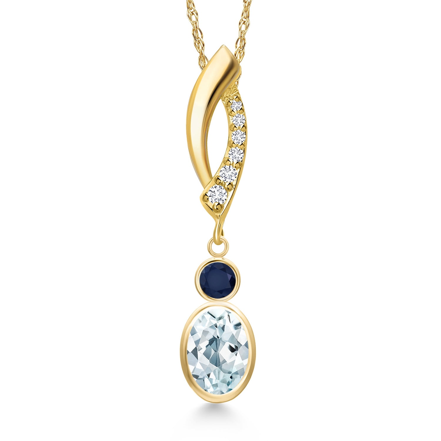 Gem Stone King 14K Yellow Gold Sky Blue Aquamarine and Blue Sapphire and Lab Grown Diamond Pendant Necklace for Women | 0.96 Cttw | Gemstone March Birthstone | Oval 7X5MM | With 18 inch Chain