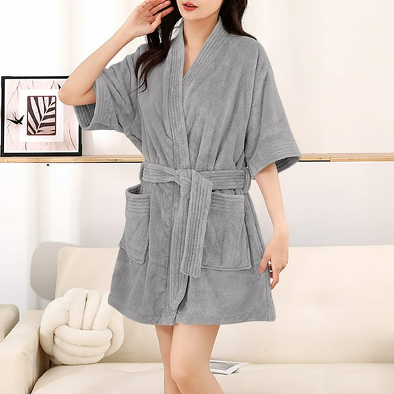 HongQid Womens Bathrobe Short Sleeve Shawl Collar Belted Spa Hotel Thickened Fleece Robe
