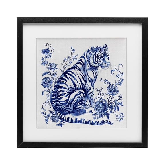 Traditional Ornate Floral Tiger Black Framed Print Under Glass, design by Lettered and Lined