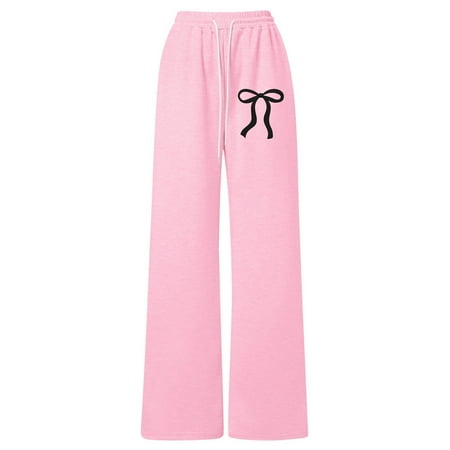 OSOLU Girls Sweatpants Bow Print Casual Joggers Lightweight Straight Leg Pants with Drawstring Chic Travel Trousers
