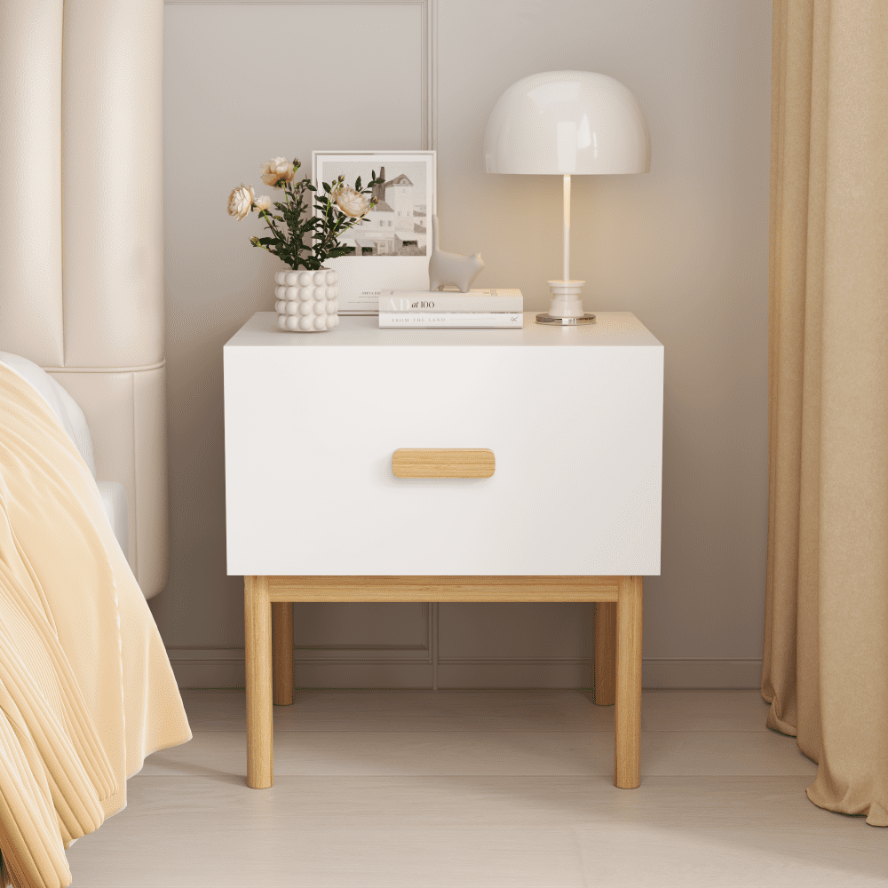 Modern White Nightstand with Single Drawer and Solid Pine Legs Minimalist Engineered Wood Bedside End Table for Bedroom Living Room Apartment