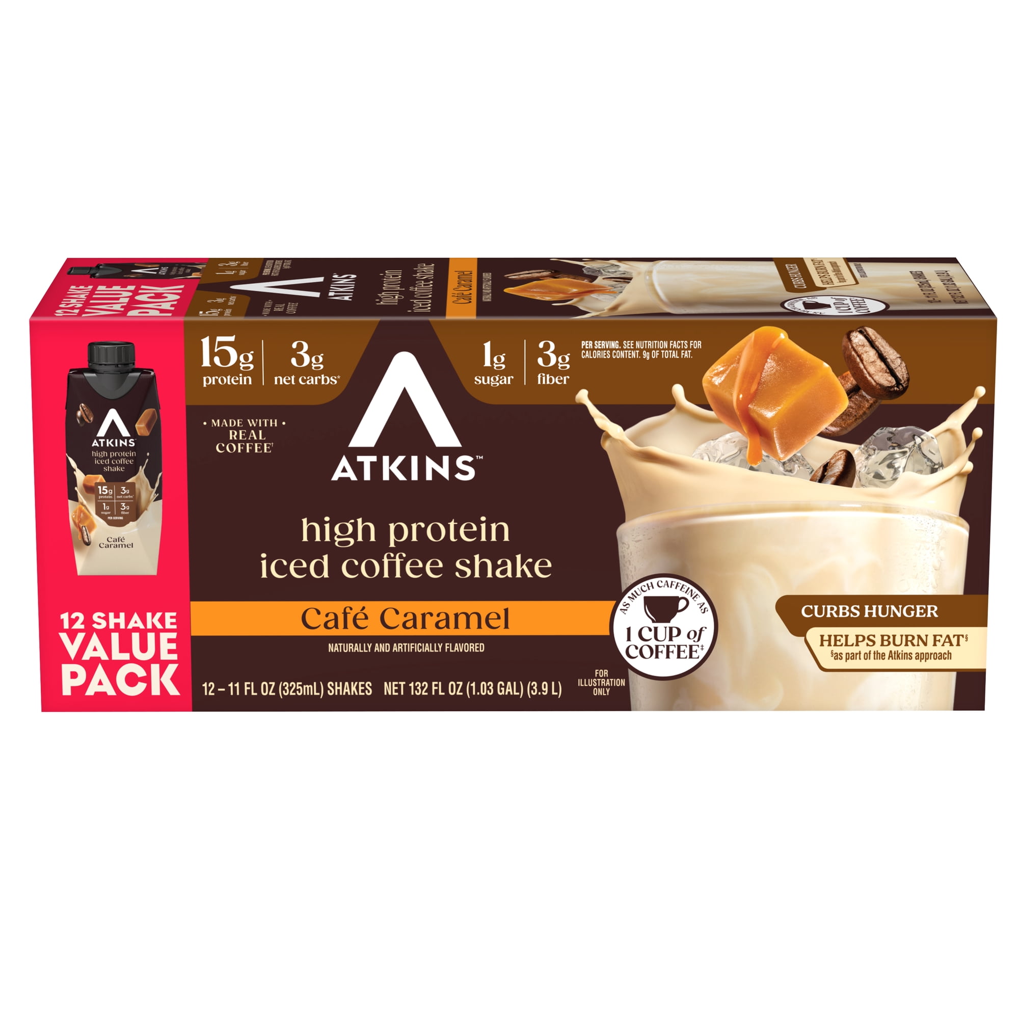 Atkins Café Caramel Iced Coffee Flavor High Protein Shake, 15g of Protein, 1g Sugar, Low Carb and Low Sugar Protein Shakes, Keto Friendly, 12 Count