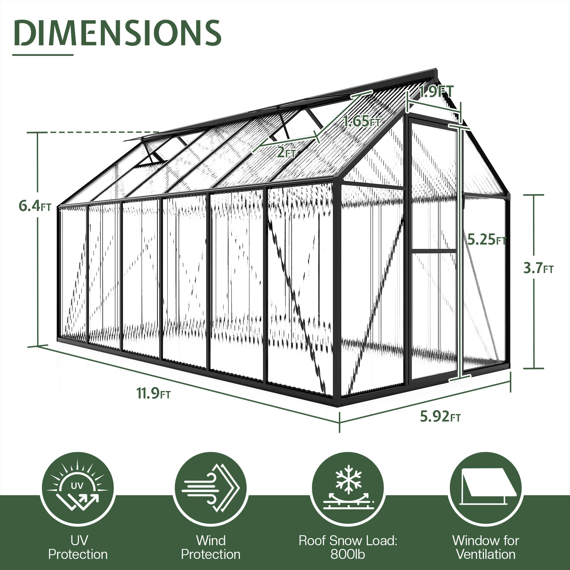 Jocisland 6x12 ft Polycarbonate Greenhouses for Outdoors, 2 Top-Opening Windows, Aluminum Walk-in Heavy Duty for Outdoor Use, Backyard Garden, Black