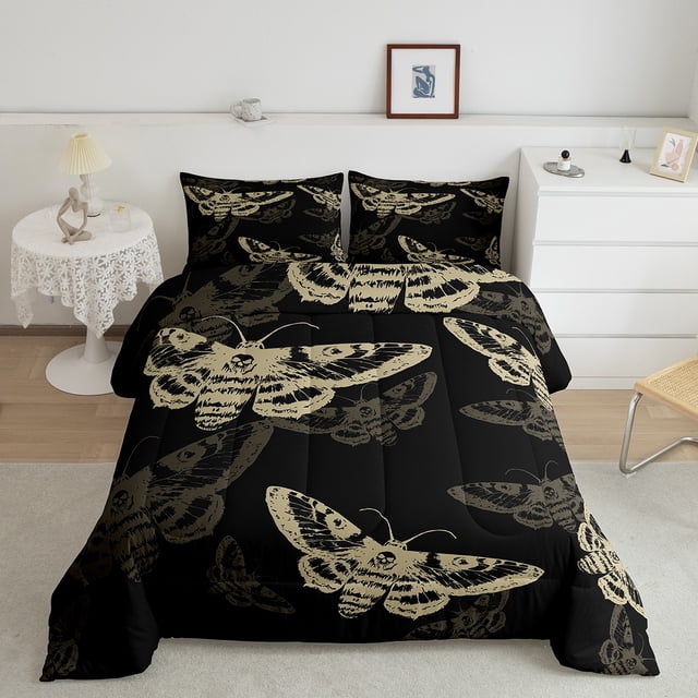 Erosebridal Skeleton Gothic Bedding Queen Comforter Set, Black Gold Down Comforter, Bohomian Style Decor, Lightweight