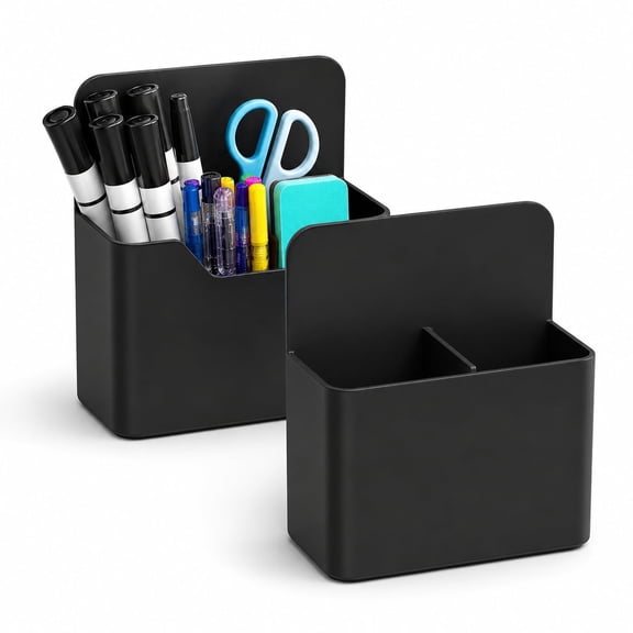 Magnetic Pen Holder 2 Pack, Black Plastic Rectangular Marker Organizer Cup for Whiteboard Locker Classroom and Office