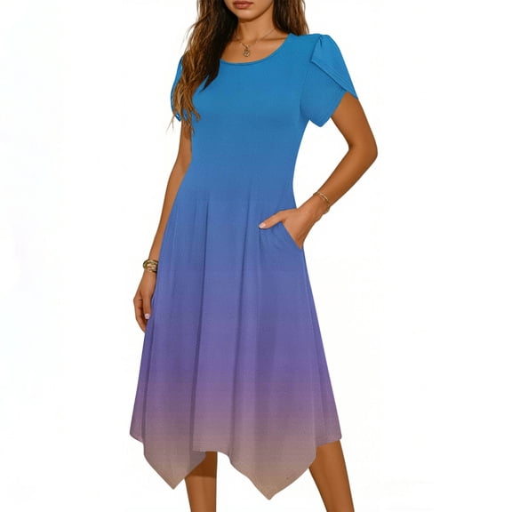 Edvintorg Summer Dresses for Women 2026 Short Sleeve Crew Neck Irregular Midi Dress Casual Beach Dress with Pockets