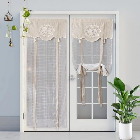 shiyou-French Door Curtain White Sheer Window Curtains Macrame Privacy Farmhouse Door Curtains for Patio Door Front Door Sidelight Curtain Tie Up Shade 1 Panel (Linen White, 26 x 69 Inches)