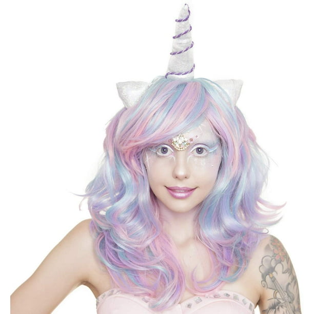 Rockstar Quality Unicorn Pastel Mix Costume Wig Wavy Heat Stylable Horn Ears