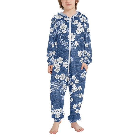 FORMRS Kids One-Piece Pajamas Hooded Long Sleeve Union Suit Soft Onesie Sleepwear, Sizes 4T-14Y, Floral Ocean Waves