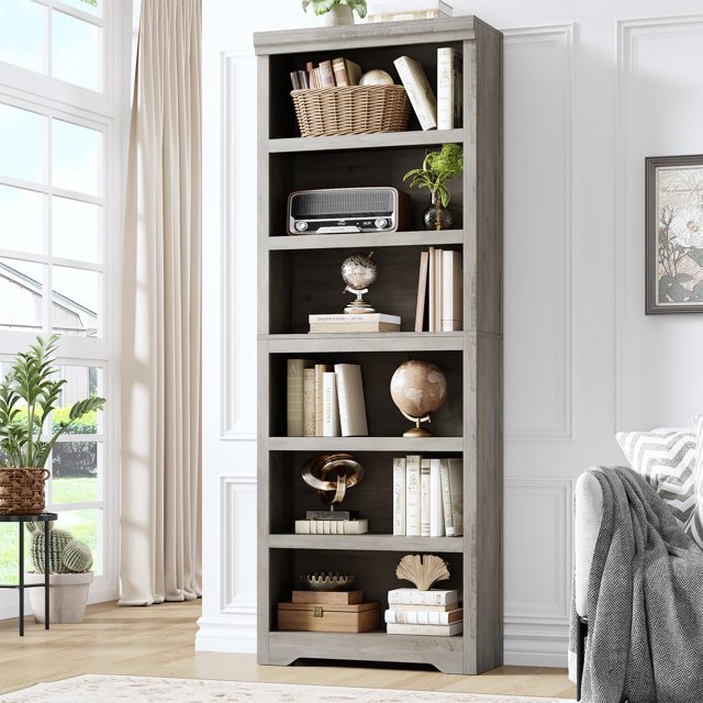 Estantería Biblioteca 6 Niveles Towallmark MDF Robusto, Gris , Estantes Ajustables para Sala Oficina,60*190*29.5cm