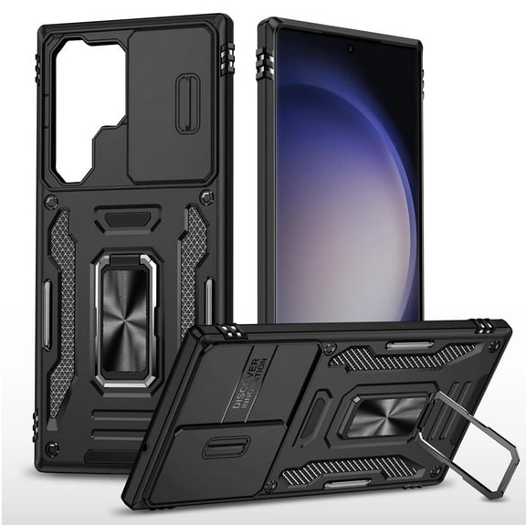 Designed for Samsung Galaxy S24 Hybrid Case with Rotation Ring Stand Shockproof & Movable Camera Window PC & TPU Armor Dropproof Phone Case Cover [Black]