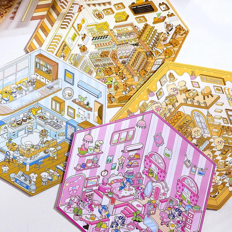 Libro De Pegatinas 3D Casa – 16 Escenas Miniaturas, Reutilizable, Con Pinzas, Para Niños Y Adultos