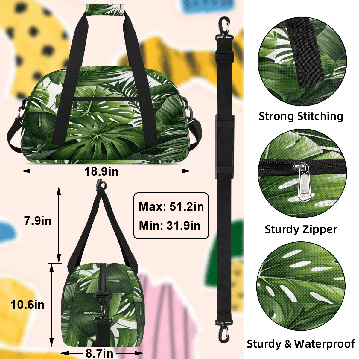 Herdesigns Tropical Green Plant Leaf Sports Duffle Bag for Women & Men, Botanical Jungle Design Gym Bag Dance Bag Overnight Bag Carry On Weekender Travel Bag