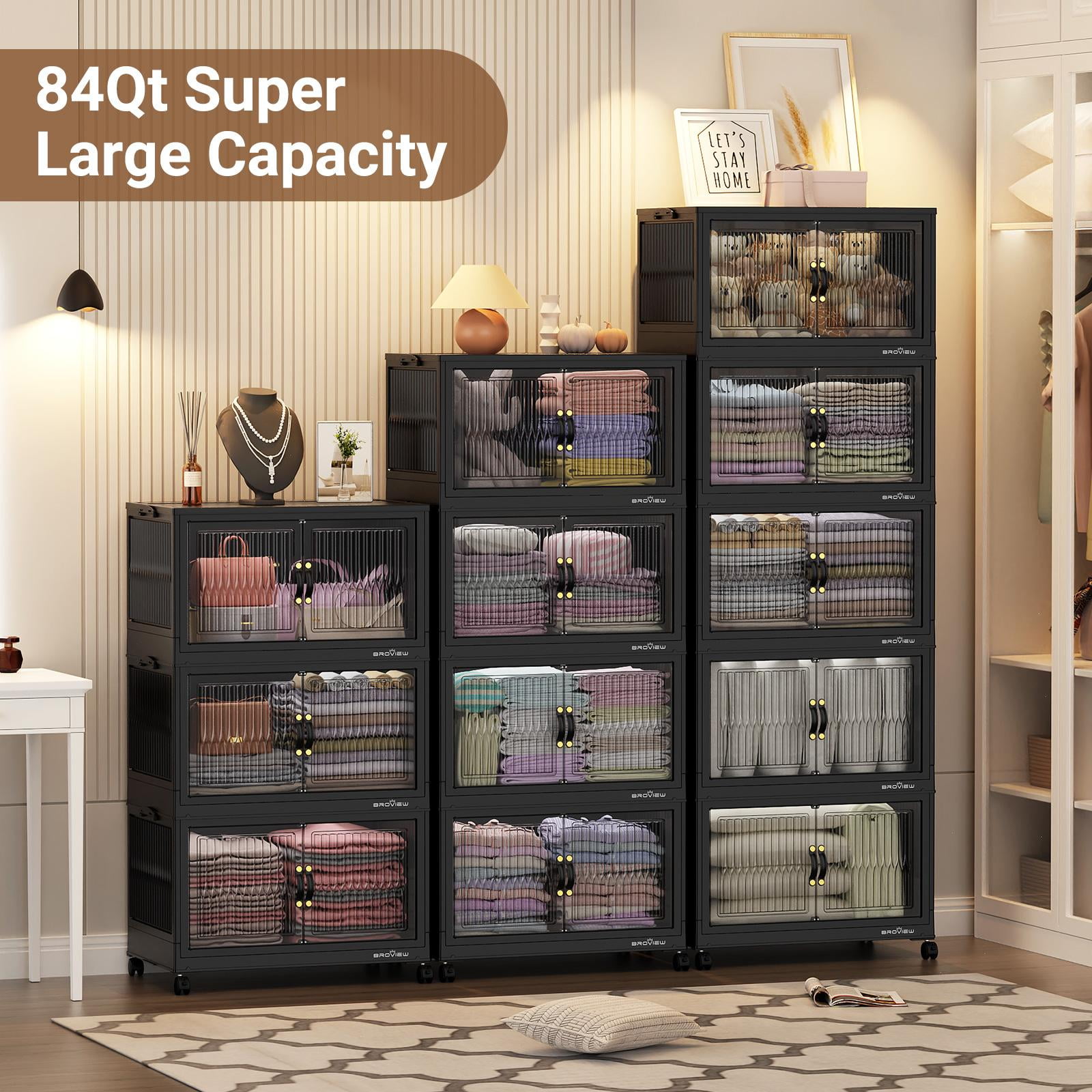 BROVIEW 240Qt Stackable Storage Bins with Lid, Plastic Closet Organizers and Storage Drawer, Collapsible Storage Box with Wheels, Folding Storage Cabinet for Closet Clothes Organization, 3Pack Black