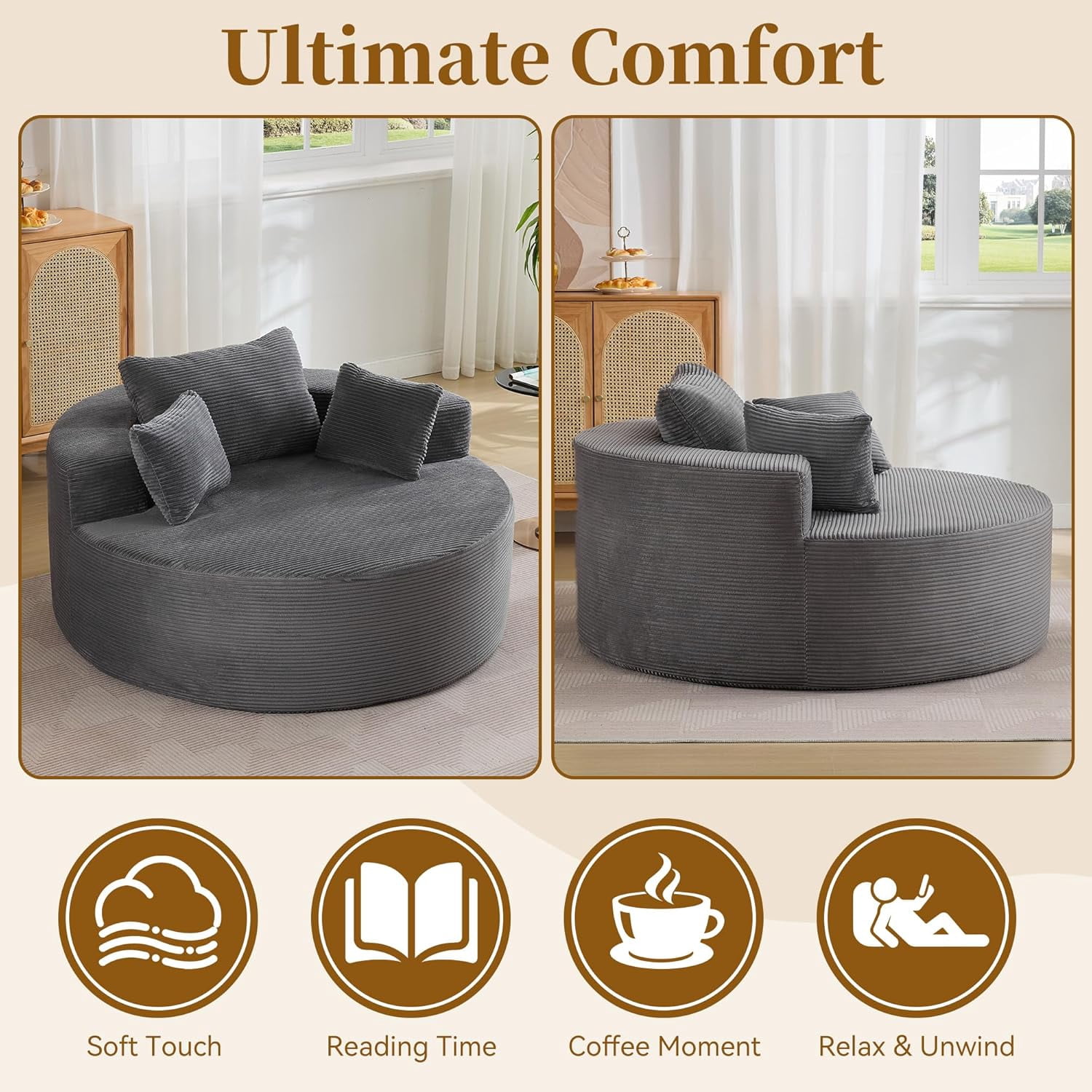 55'' Round Oversized Chaise Lounge Indoor Chair, No Assembly Corduroy Compressed Circle Sofa Bed,Comfy Upholstered Sleeper Couch,Lazy Bean Bag Couch for Living Room, Bedroom,Gray