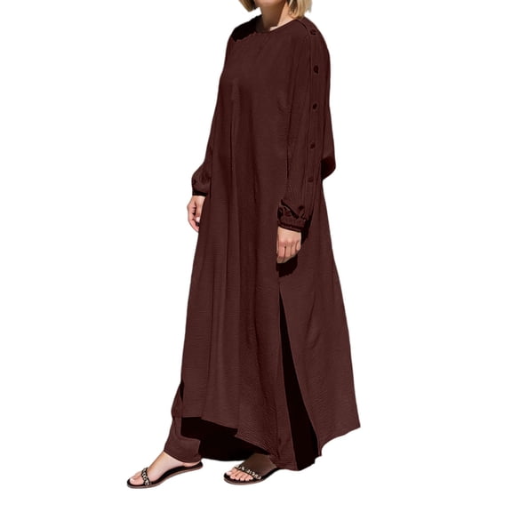 Women'S 2-Piece Modest Maxi Set: Oversized Tunic & Wide-Leg Pants With Hidden Adjustable Belt & Gold Buttons - Casual Daily Wear