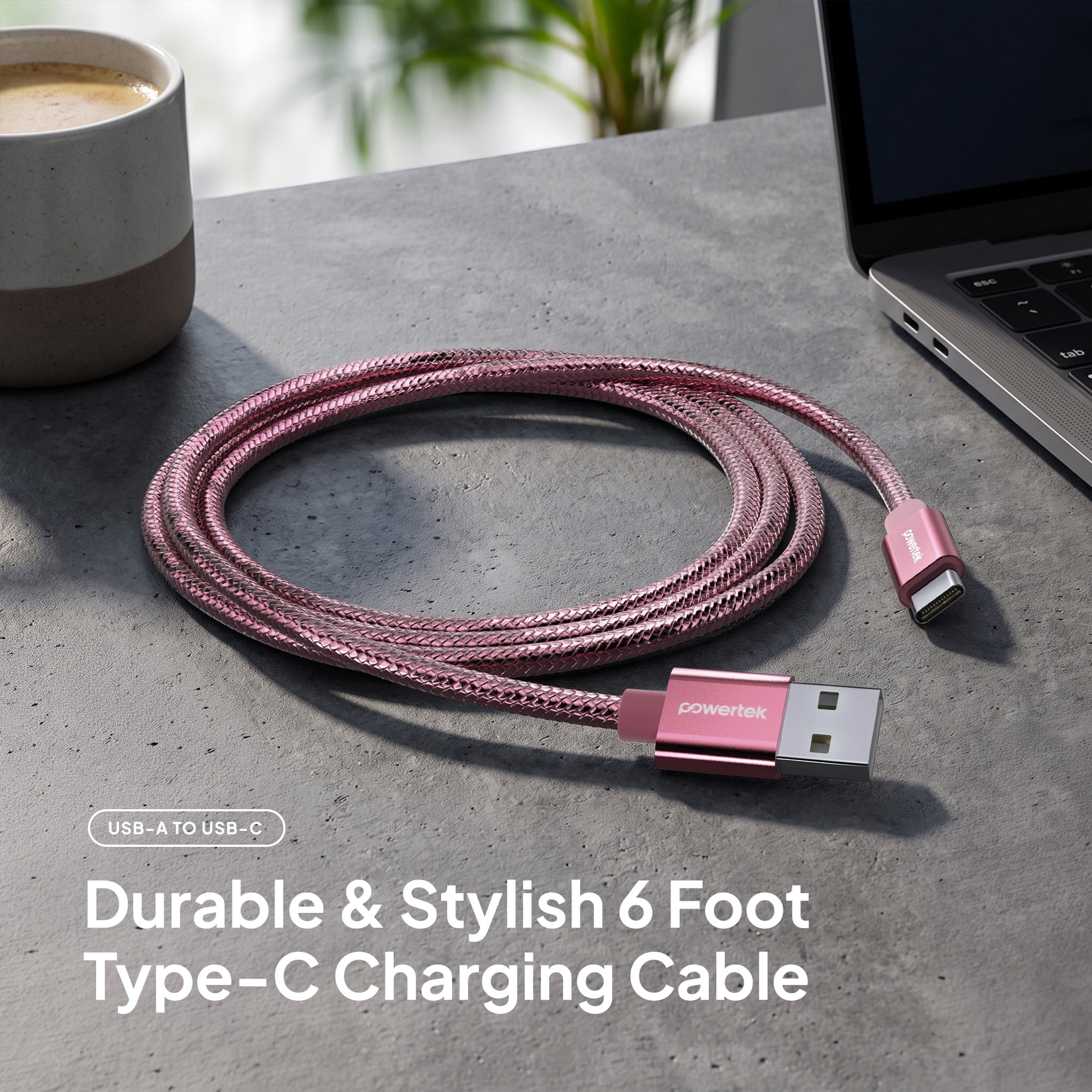 Powertek Luxe 6ft USB-A to USB-C Cable, Pink, Fast Charge & Sync, Metallic Mesh PVC Jacket, Durable Tangle-Free Design