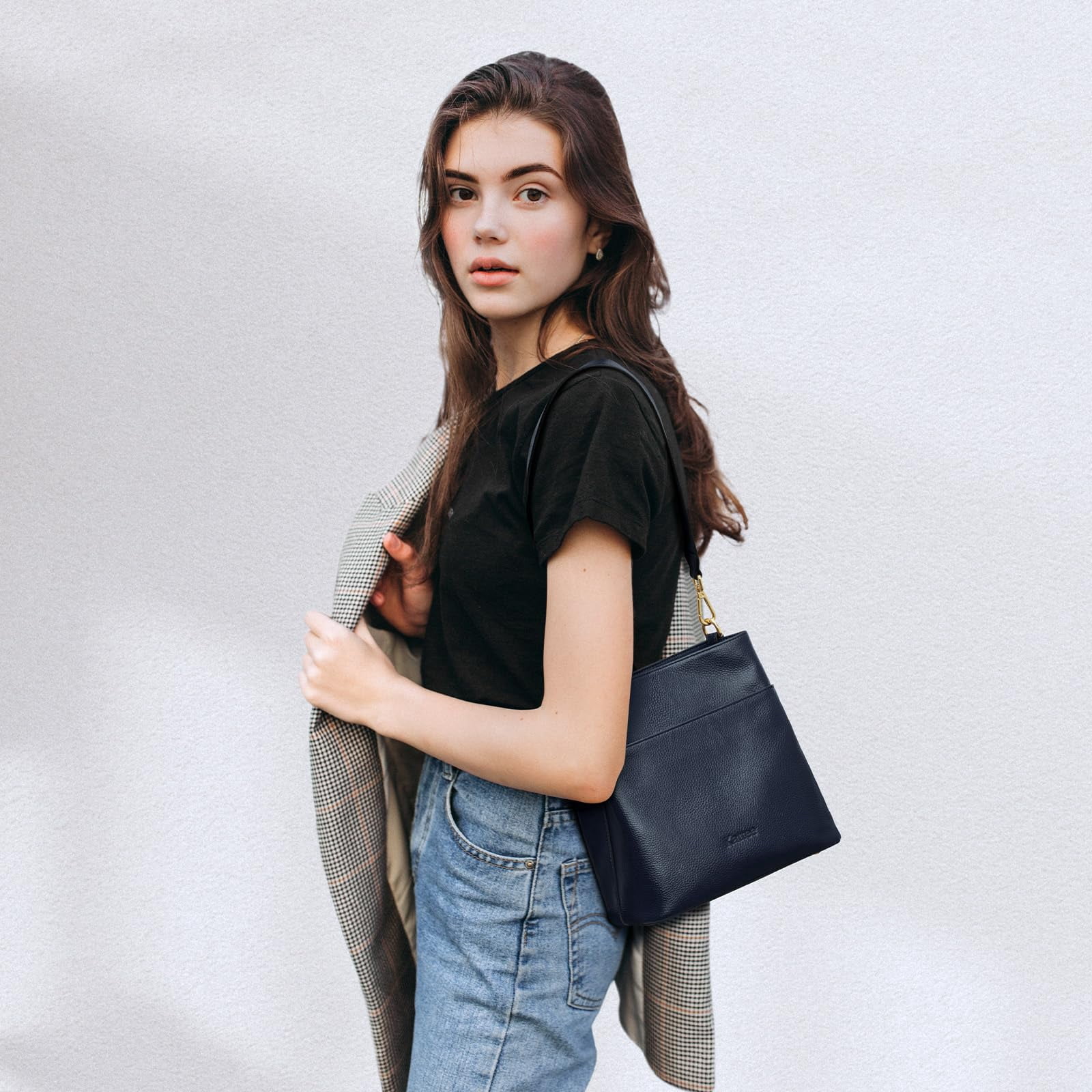 Kattee Leather Handbags for Women, Medium Soft Shoulder Tote Crossbody Purses Bucket Bags with 2 Straps