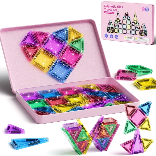 Juego de azulejos magnéticos WMXDU con purpurina, 42 piezas, con caja de metal para niños de 3 a 8 a