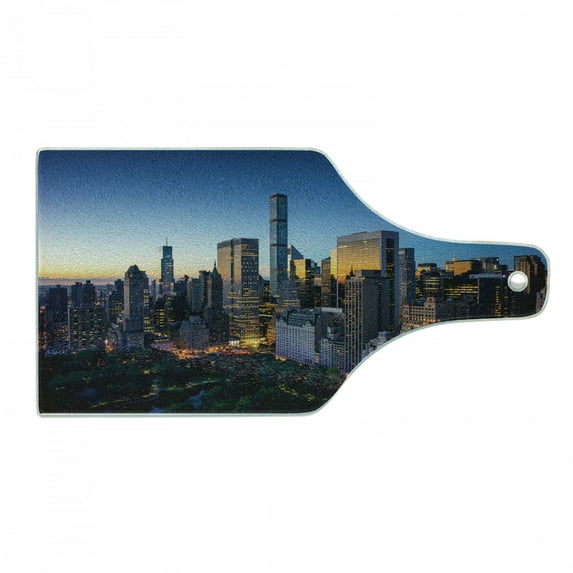 City Cutting Board, Sun Rising over Central Park in Manhattan Tranquil Morning Skyscrapers, Tempered Glass Cutting and Serving Board, Wine Bottle Shape, Blue Marigold Dark Green, by Ambesonne
