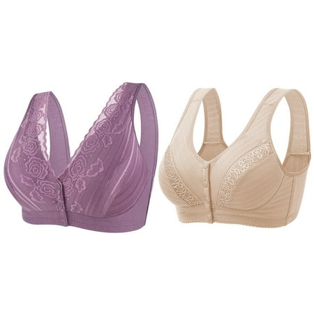 

Pretty Comy 2 Pack Plus Size Bras for Women Front Close Floral Print Wirefree Bras Comfort Push Up Bralette Brassiere 44