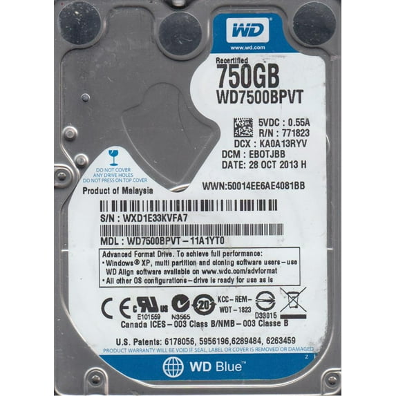 WD7500BPVT-11A1YT0, DCM EBOTJBB, Western Digital 750GB SATA 2.5 Hard Drive
