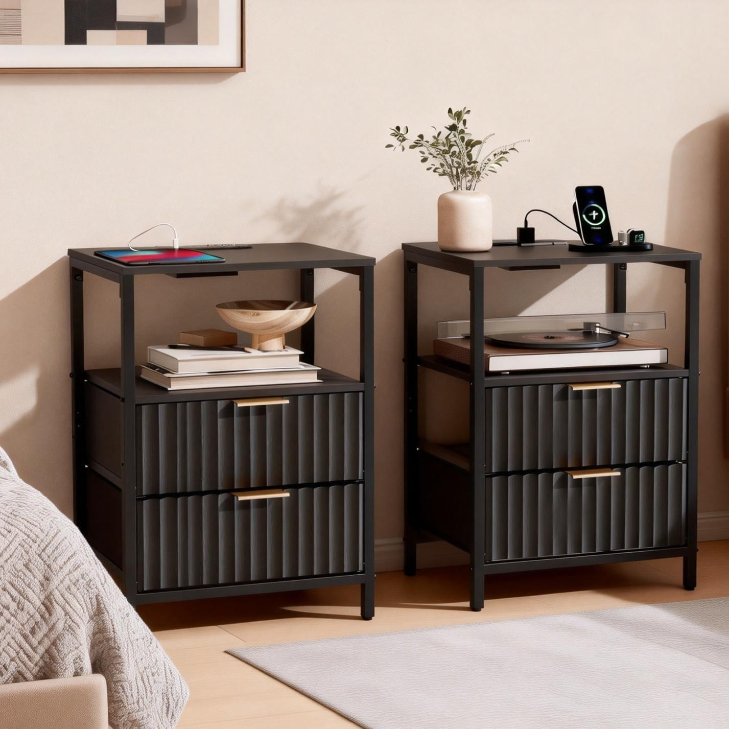 Ktaxon Nightstand with Charging Station End Table with 2 Fabric Drawers Bedside Table Furniture for Bedroom, Living Room,Fluted Black Wave Design