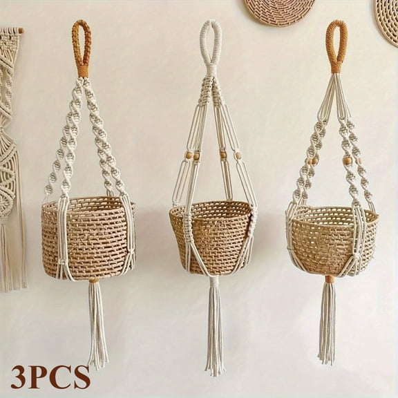 3 Pcs Macrame Plant Hangers, Bohemian Handwoven Tassel Hanging Planters, Plant Hanger Indoor, Decorative Plant Holders for Balcony Living Room Garden Housewarming