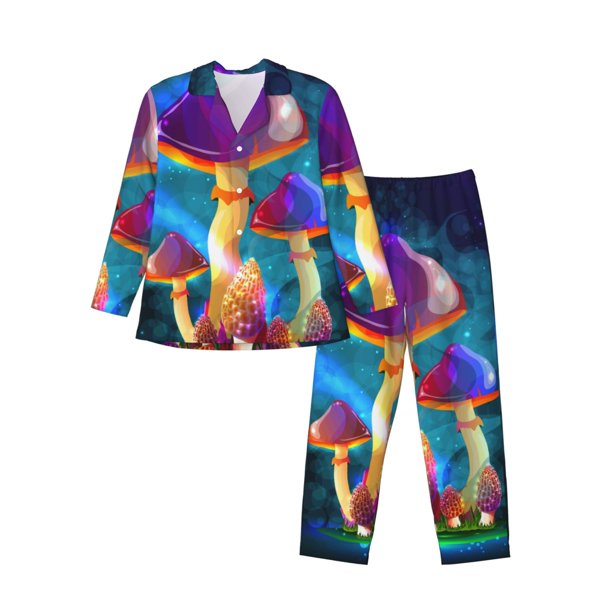 Balery Magic Mushrooms ,Fireflies Pijama para Hombre de Dos Piezas con Manga Larga, Conjunto de Dormir y Descanso Suave con Bolsillos-Medium