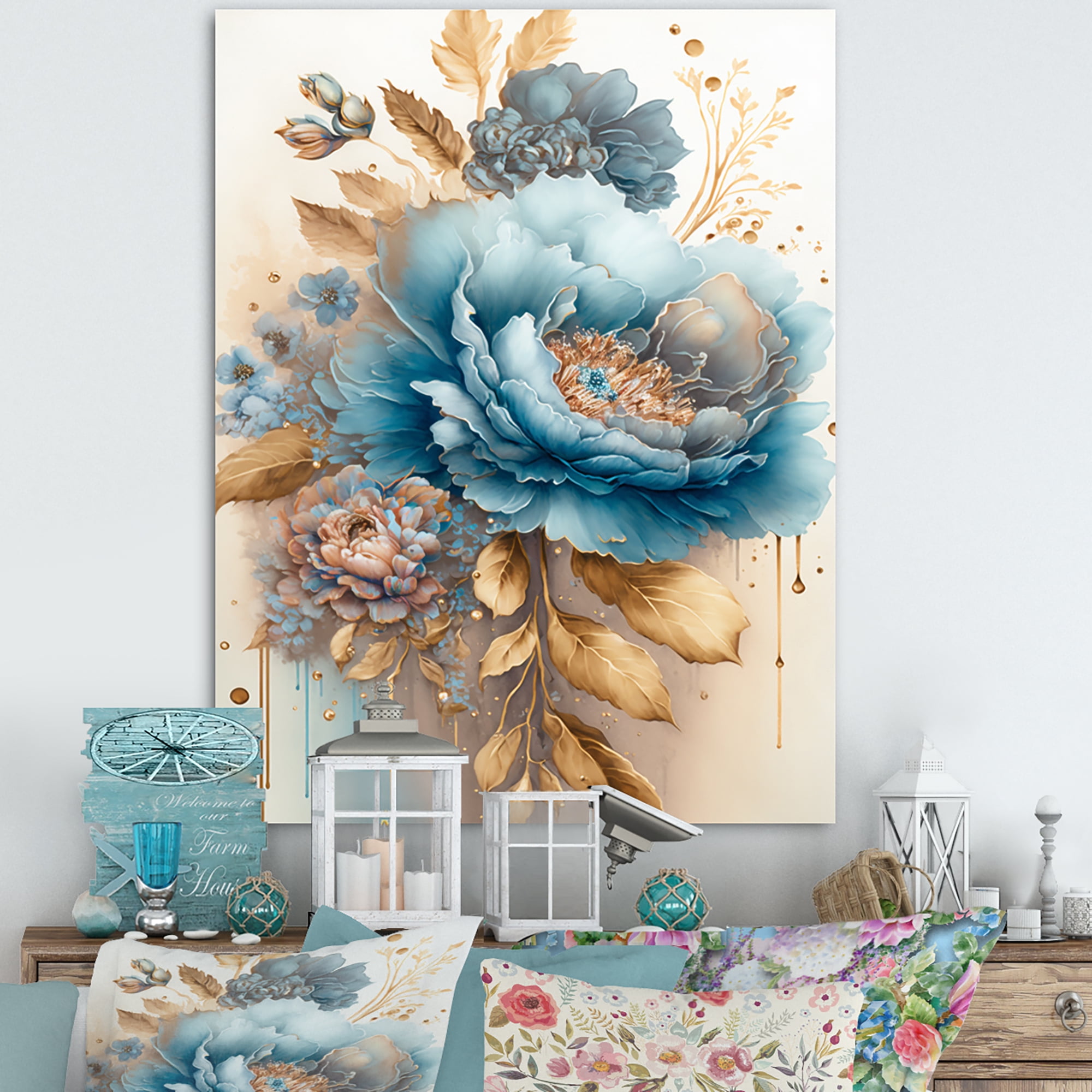 Designart Blue And Gold Mixed Floral Bouquet II Canvas Wall Art