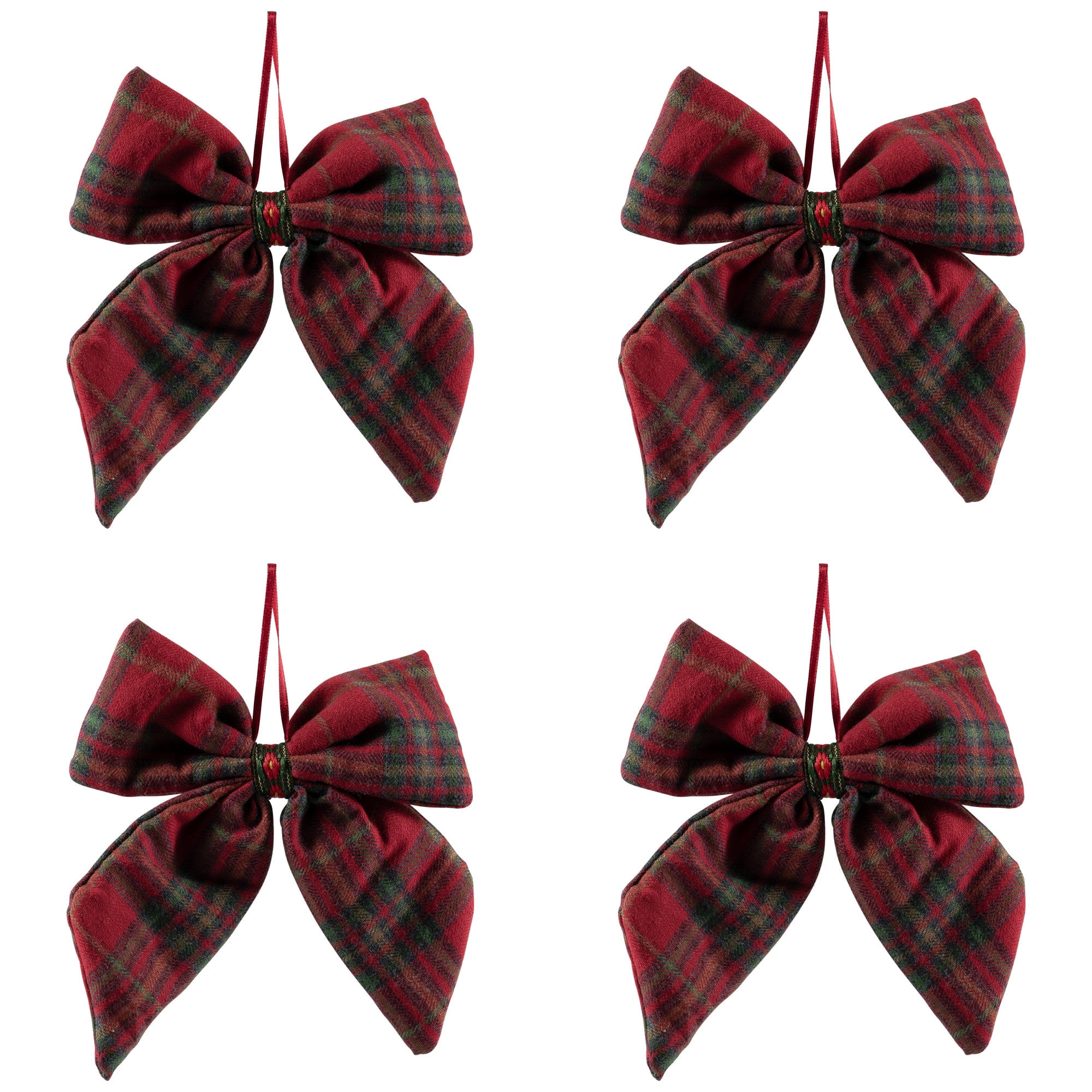 Plush Plaid Bow Christmas Ornaments - 7.5" - Set of 4