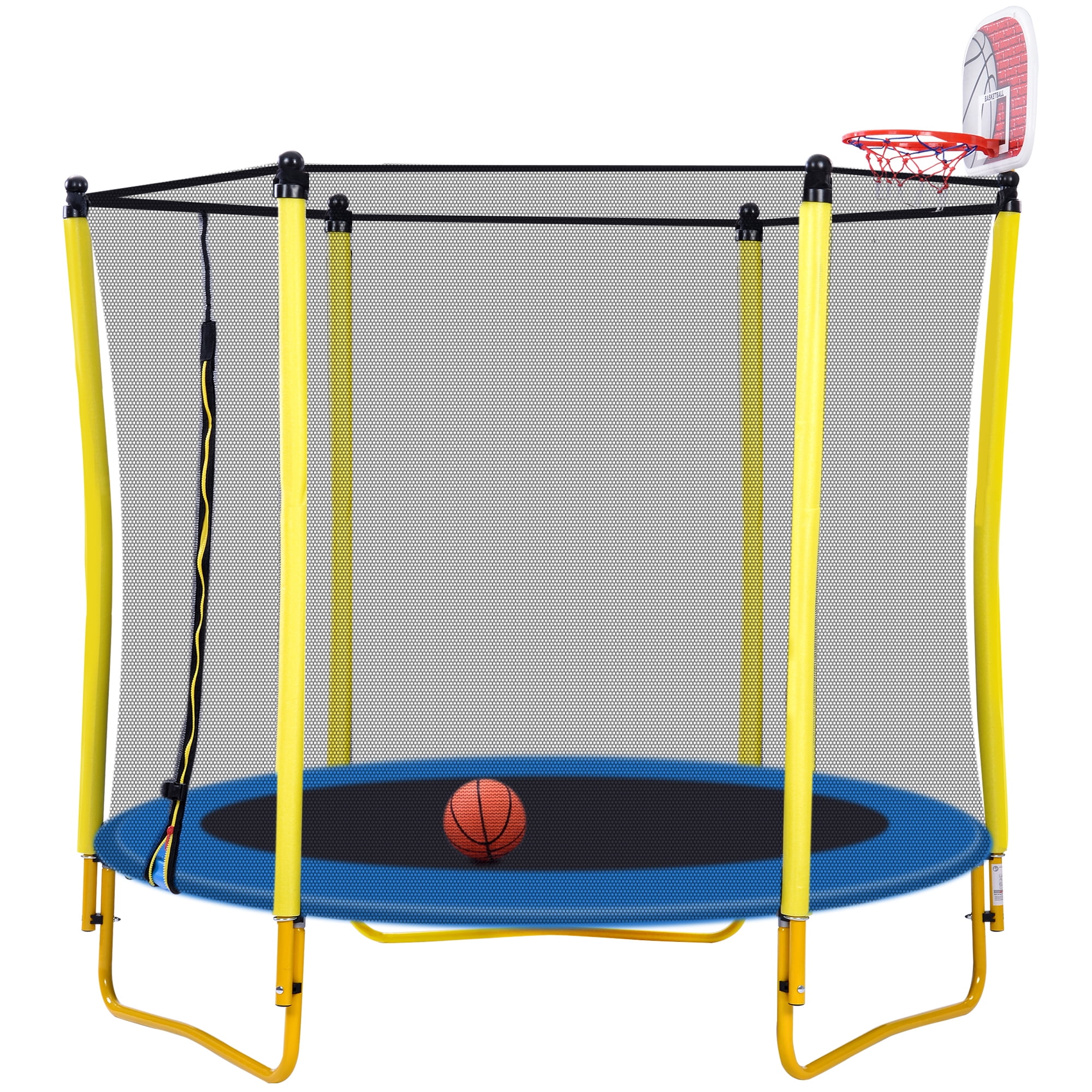 Leumius 5.5FT Trampoline for Kids,65" Outdoor Indoor Trampoline with Safety Enclosure Net,Mini Trampoline with Basketball Hoop and Ball,Yellow