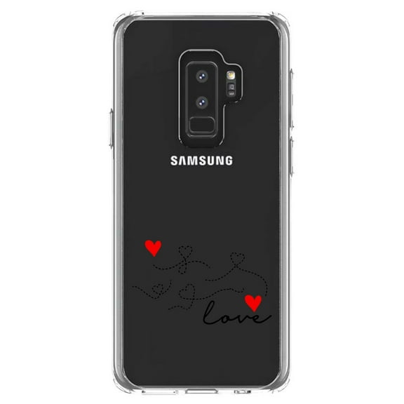 DistinctInk Clear Shockproof Hybrid Case for Samsung Galaxy S9  PLUS (6.2" Screen) - TPU Bumper Acrylic Back Tempered Glass Screen Protector - Love Heart Flourish Black & Red