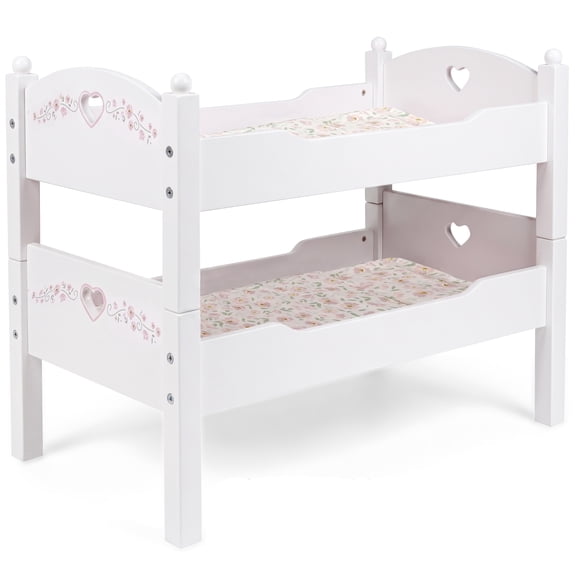 509 Crew: Petit Flora - Wooden Doll Bunk Bed - White-Pink-Flowers, Convertible to Single Beds, Blankets & Pillows, Doll Sleep Accessory Toy, Kids 3