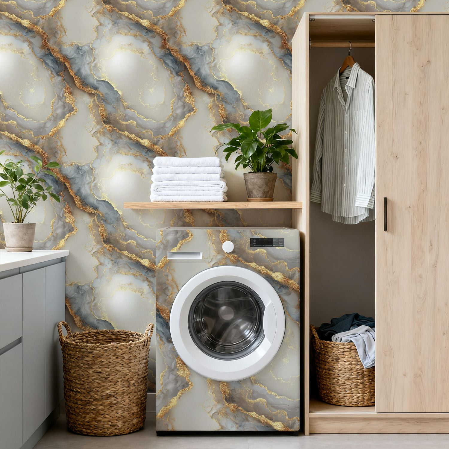 Peel and Stick Wallpaper 17.7in x 9.8ft Abstract Gold Grey Marble Flowing Lines Glimmering Texture Contact Paper Vinyl Self-Adhesive Removable Wall Paper for Bedroom DIY Home Decor Renter Friendly
