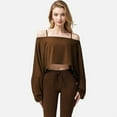 thumbnail image 2 of Women's Cropped Long Sleeve Pullover with Wide Boat Neck - Large, Brown, 2 of 6