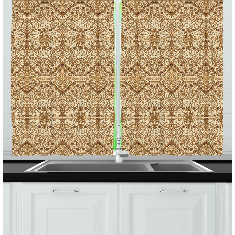 Arabesque Curtains 2 Panels Set, Arabic Folkloric Lace Pattern
