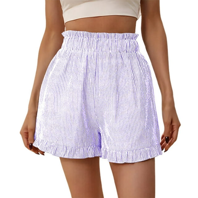Tumotour Lounge Shorts for Women featuring a high waist design with an elastic waistband, solid color, and lightweight fabric. These casual athletic shorts have a loose fit with ruffle detailing at the hem and are suitable for running, yoga, gym workouts, or lounging. Shown in a striped pattern with a relaxed fit.