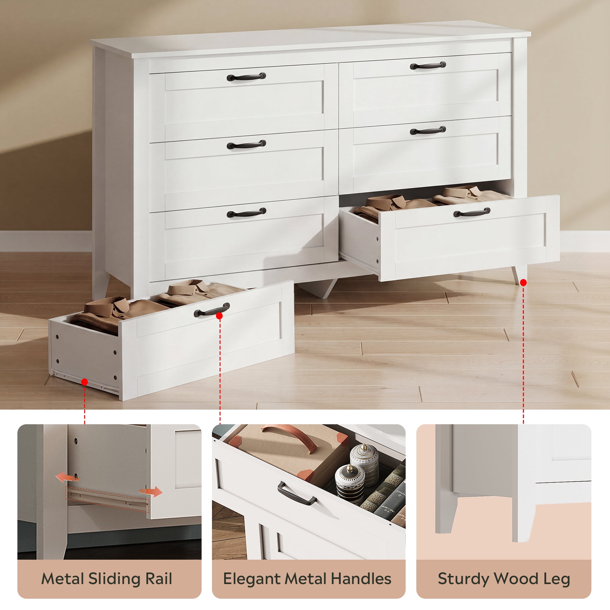 GALAXHERO 6-Drawer Double Wood Dresser - Farmhouse Chest of Drawers with Metal Handles for Bedroom, Living Room, Entryway, White