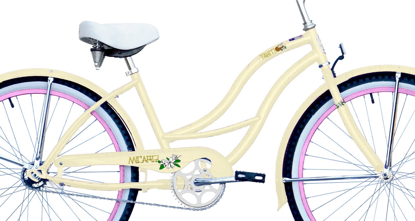 WonderWheels 26" Beach Cruiser Coaster Brake Stainless Steel Spokes One Piece Crank Alloy Pink Rims 36H W/ Fenders - Vanilla/ Pink