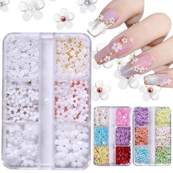 EIGTHTAIL 3D Flower Nail Art Charms 6 Grids 3D Acrylic Nail Flowers Rhinestone Light Change Pink Blue Cherry Blossom Acrylic Nail Art Supplies with Pearls Manicure DIY Nail Decorations