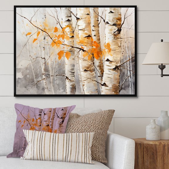 Designart "Orange Birch Wood During The Winter Season" Tree Birch Floater Framed Canvas Prints